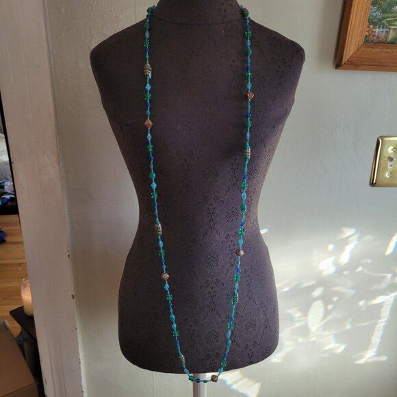 Handcrafted Long Multi-Strand Beaded Necklace With Glass Beads & Metallic Accent - Picture 3 of 4